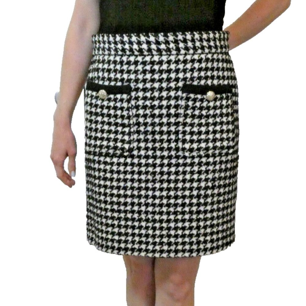 Black White Pencil Wool Skirt Size 8 Herringbone Fitted Office Core British M&S